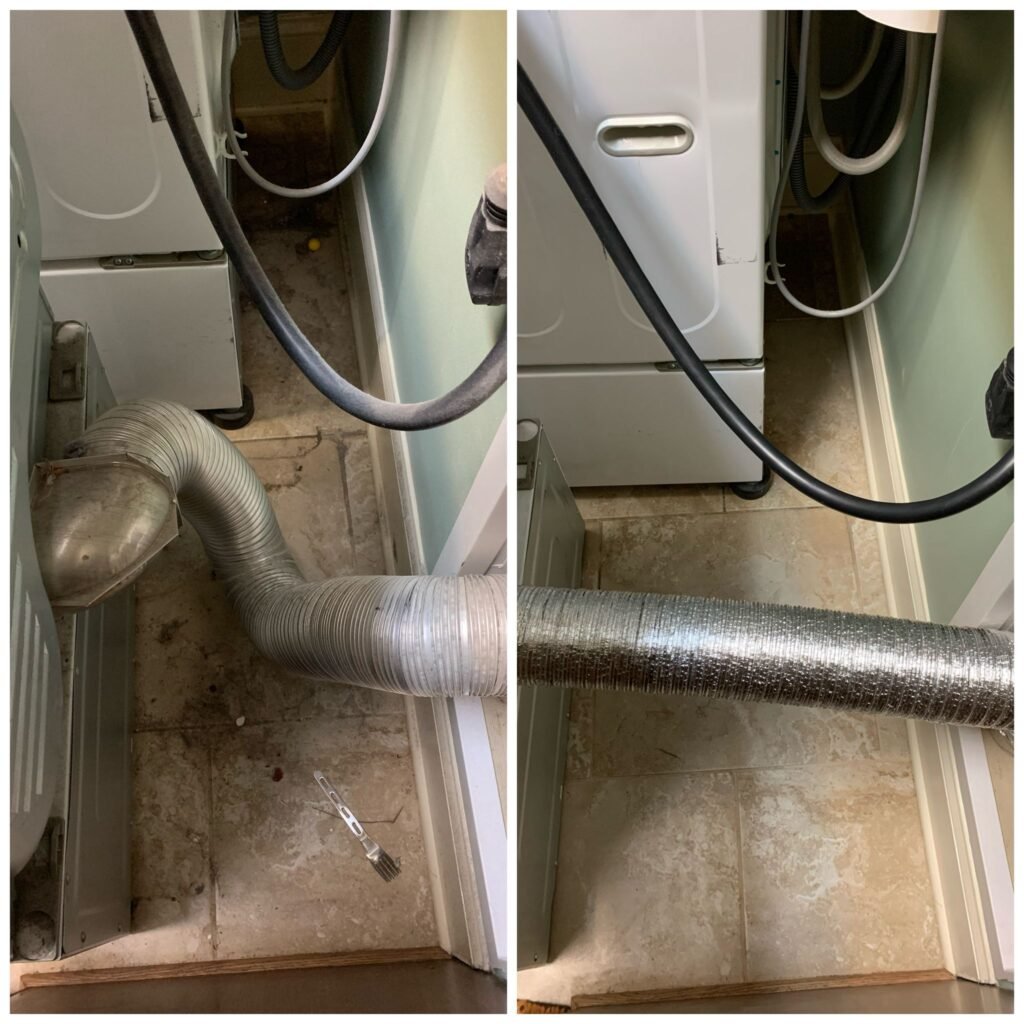 Before-and-after comparison of a dryer vent cleaning and hose replacement behind laundry machines. Dryer vent repair in Destin, FL