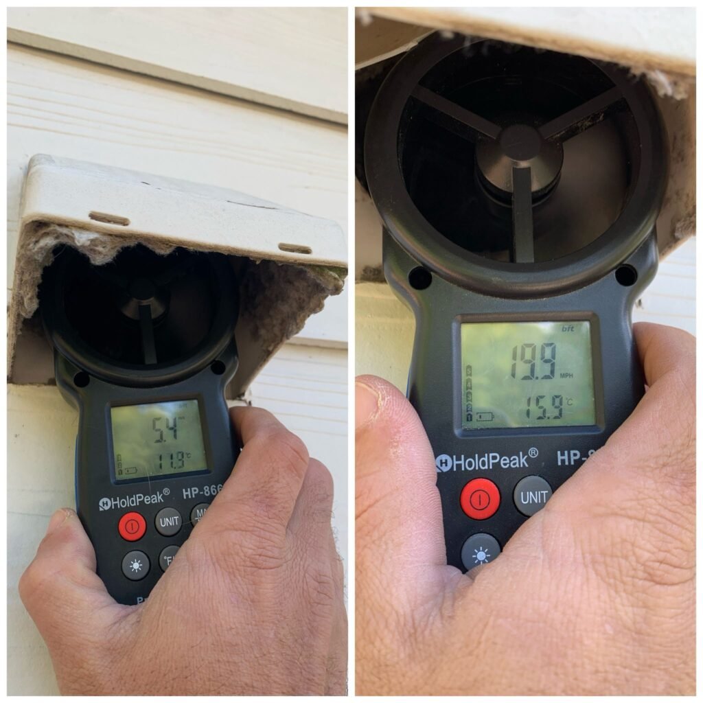 Side-by-side comparison of a digital anemometer measuring airflow at a dryer vent exhaust